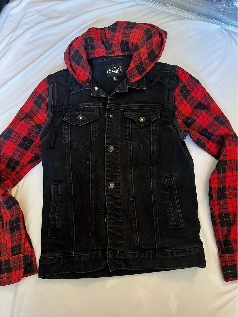 Rude black denim vest with red plaid hooded sleeves Womens XS